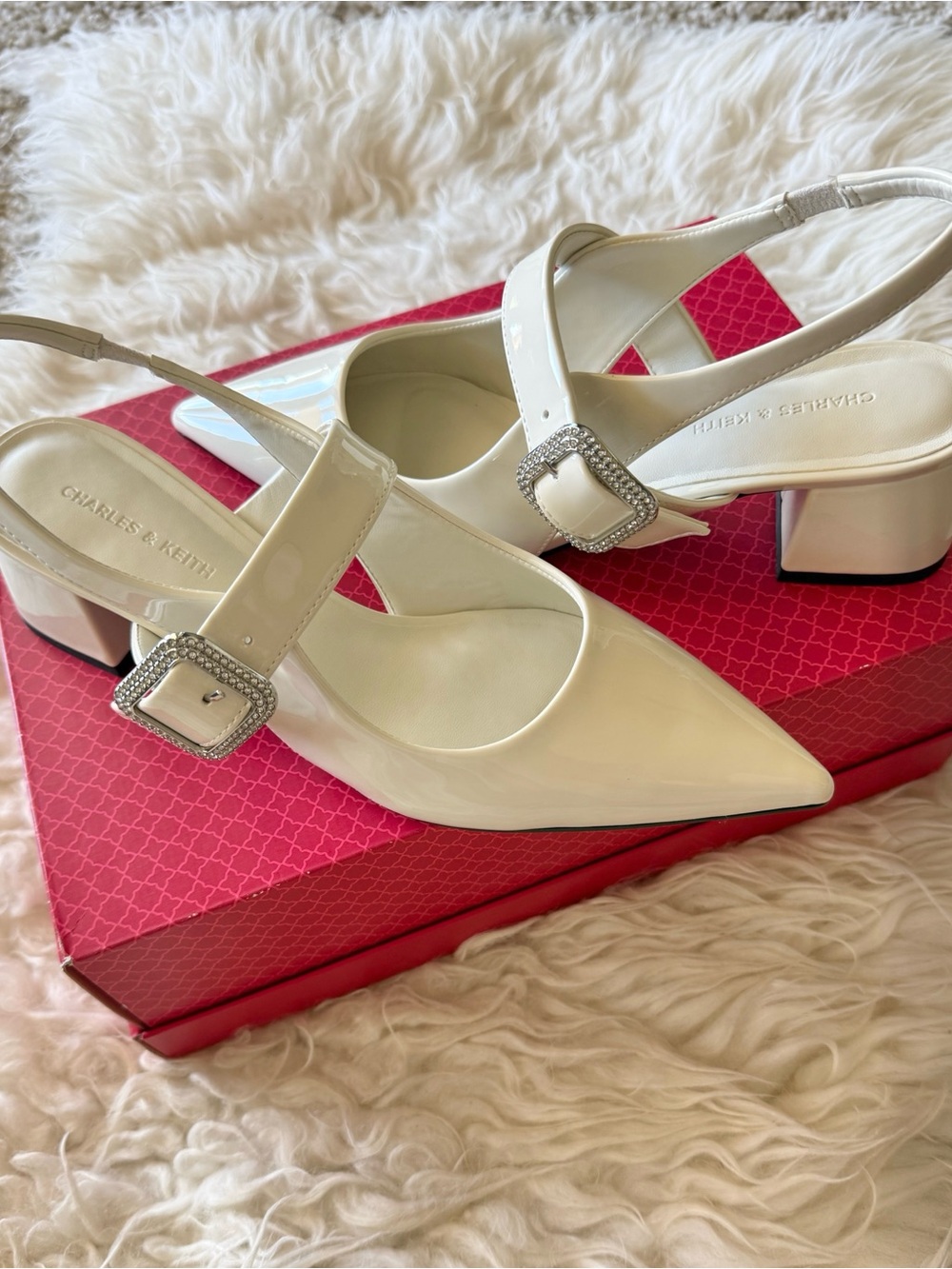 CHARLES & KEITH Rhinestone Buckle White Slingback Pumps*NEW